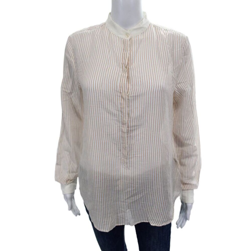 Shirt Womens Tunic Blouse White Striped Cotton Long Sleeve Button Size 3